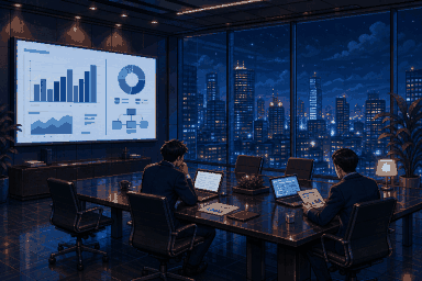Pixel-art night boardroom with a presentation on the wall screen