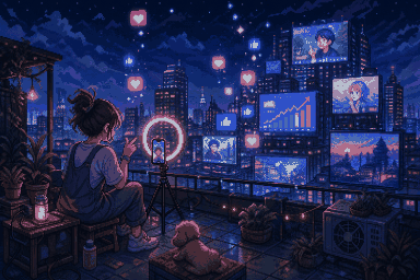 Pixel-art night rooftop where a creator films content above city billboards