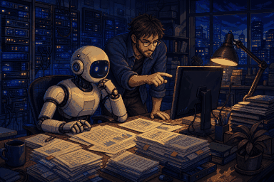 Pixel-art late-night AI lab with a robot studying documents beside a human expert